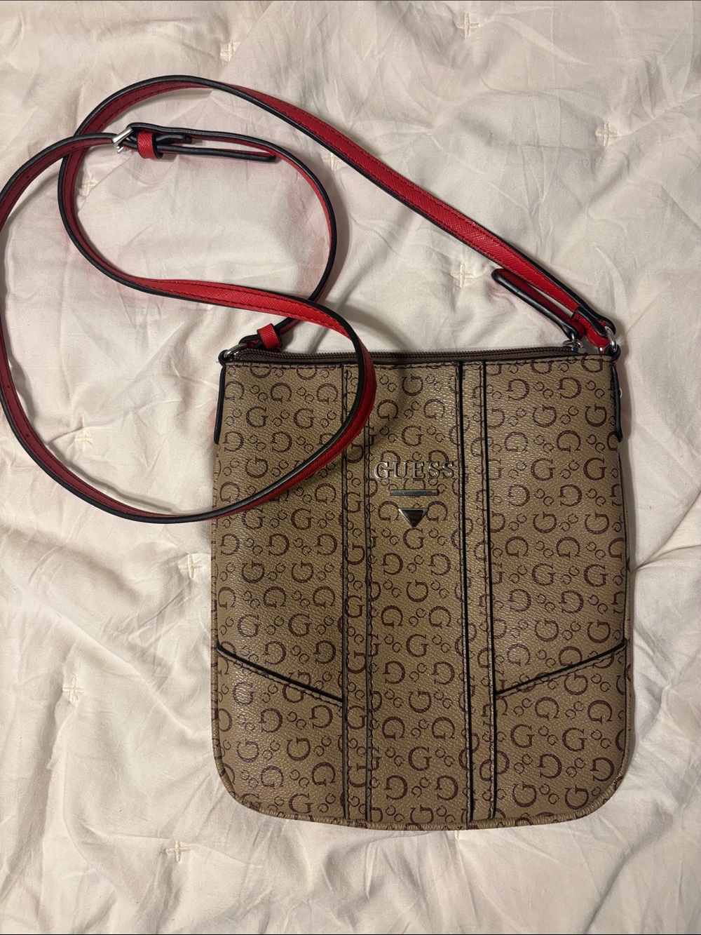 GUESS Tan Monogram Messenger Bag with Red Strap